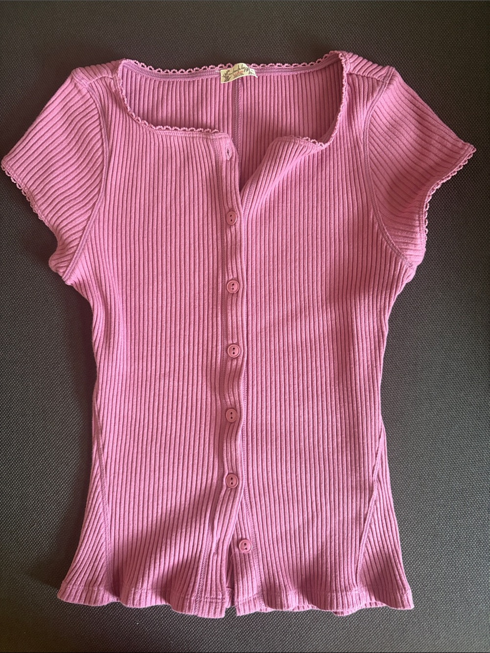 Free People Pink Ribbed Short-Sleeve Button-Front Top
